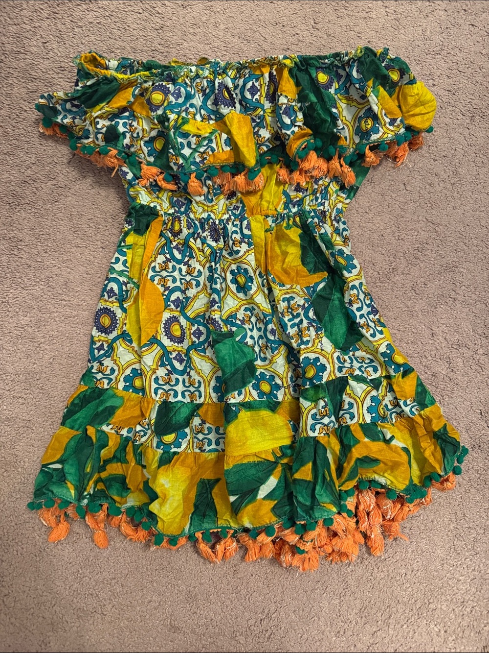 Green and Yellow Off-Shoulder Tassel Cover-Up